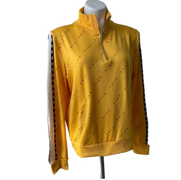 PINK VS Quarter Zip Up Track Jacket Gold w/ Blk Pink Ticking - Picture 7 of 11